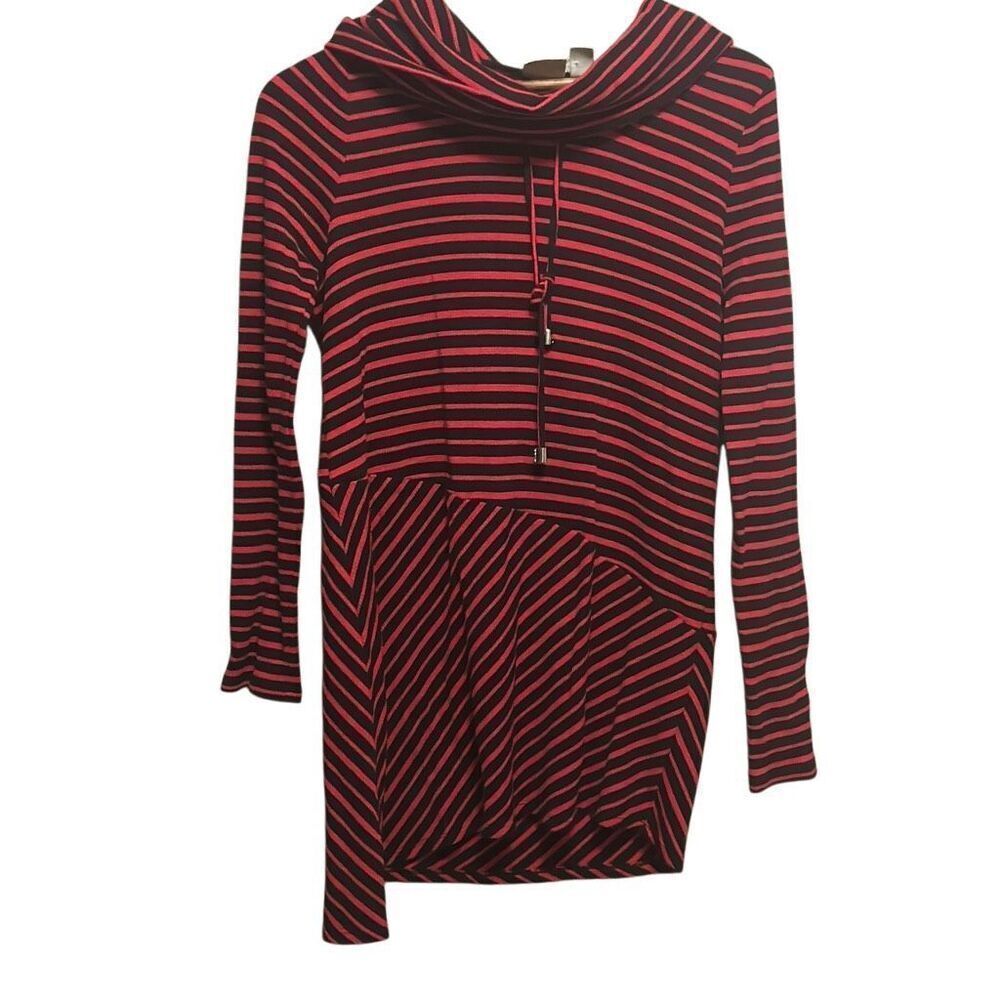 Chicos Red‎ & Black Striped Knit Top Funnel Neck Long Sleeve